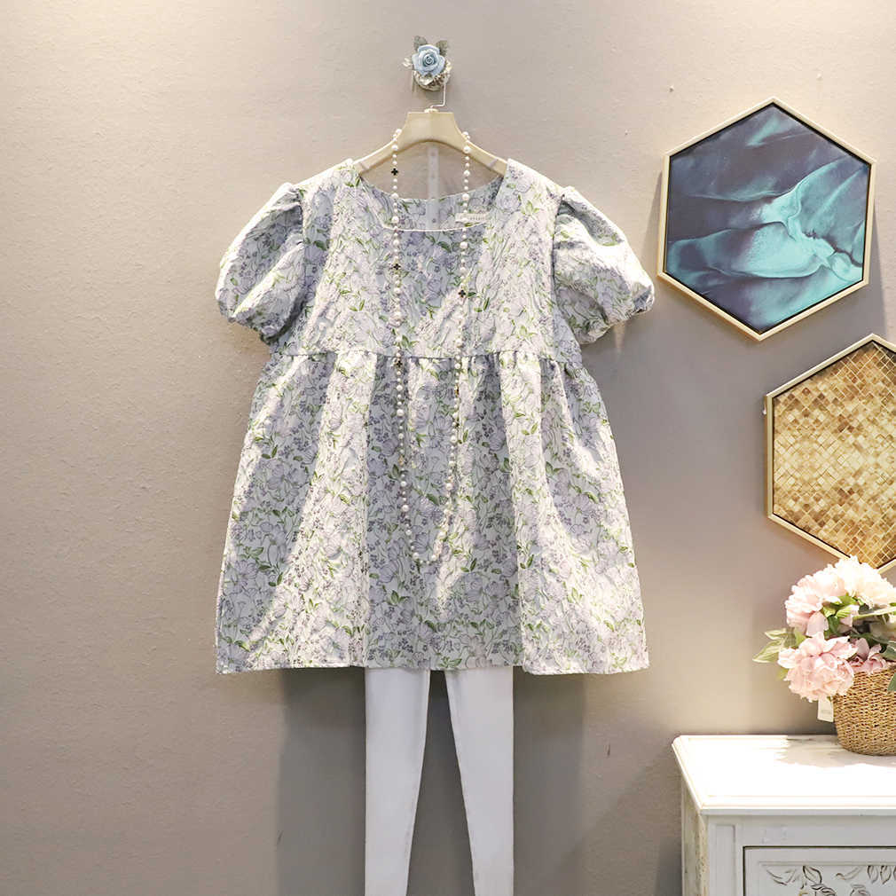 

Spring Fashion Square Collar Puff Sleeve Floral Print Loose Plus Size Slim A-Line Above Knee, Mini Dress for Women 210615, Blue
