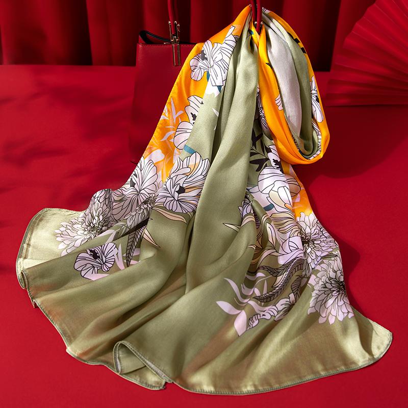 

Scarves 100% Silk Satin Scarf Women Long Print Neck Luxury Real Floral Shawl Chinese Style Headscarf Designer Foulard Femme