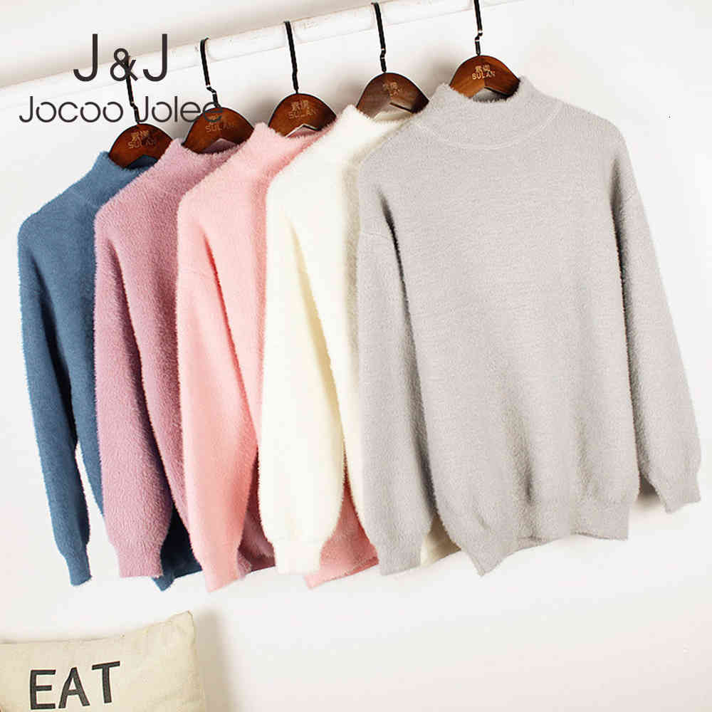 

Women Plush Teddy Sweater Long Sleeve Turtleneck Loose Pullovers Elegant Chic Flannel Jumper Winter Knit Warm Velvet Tops 210518, Light pink