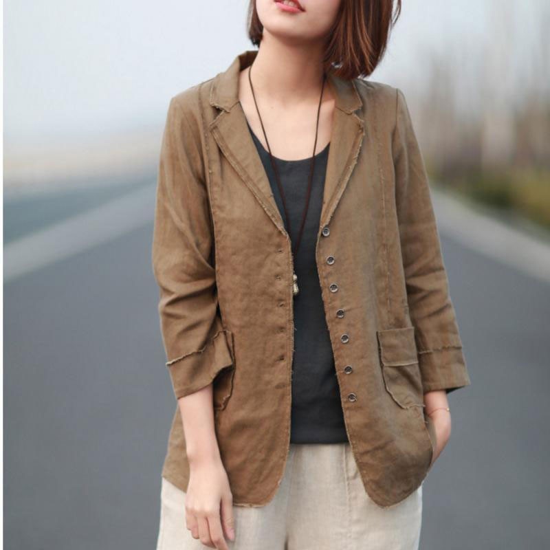 

Women's Jackets Spring Arts Style Women Long Sleeve Loose Casual Blazers Single Breasted Cotton Linen Blazer Feminino Coats M276 1, Khaki