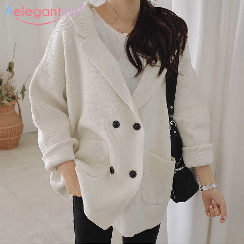 

Aelegantmis Autumn Winter Women Knitted Cardigan Coat Solid Loose Sweater Turn Down Collar Long Sleeve Ladies Knit Outerwear 210607, Beige