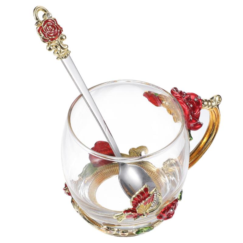 

Mugs 1 Set 330ml Enamel Flower Coffee Cup Mug Tea Glass Drinking With Spoon, Assorted color