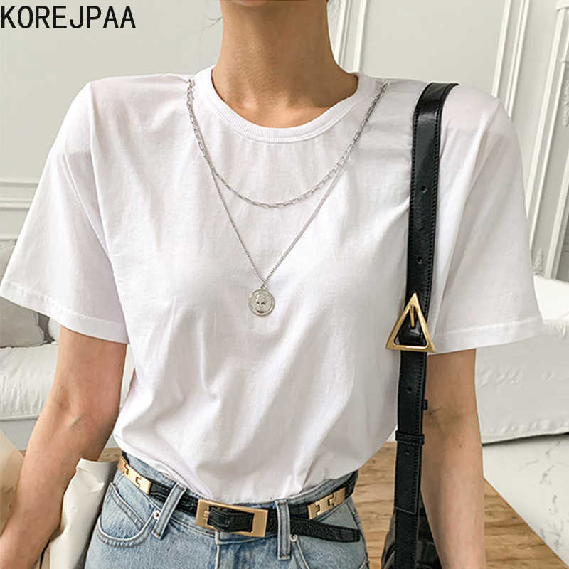 

Korejpaa Women T-shirt Korea Chic Summer O-Collar Chain Design Simple Loose-fitting Solid Color Casual Short-sleeved Tee Top 210526, White