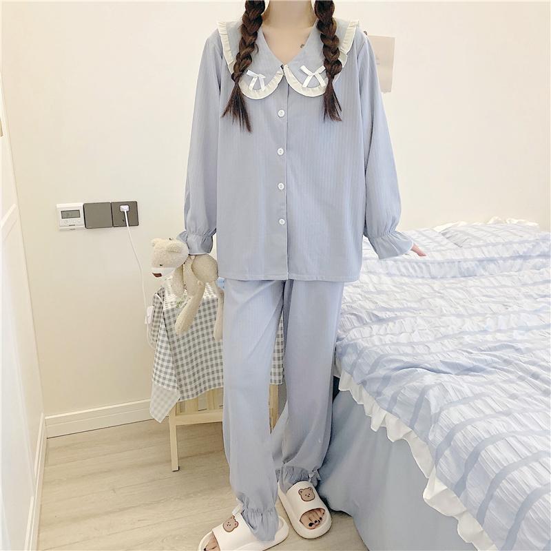 

Women's Sleepwear Sweet Princess Style Doll Collar Pajamas Spring And Autumn Long Sleeve Thin Suit Pure Cotton Cute Outerwear Homewear, 1322 white