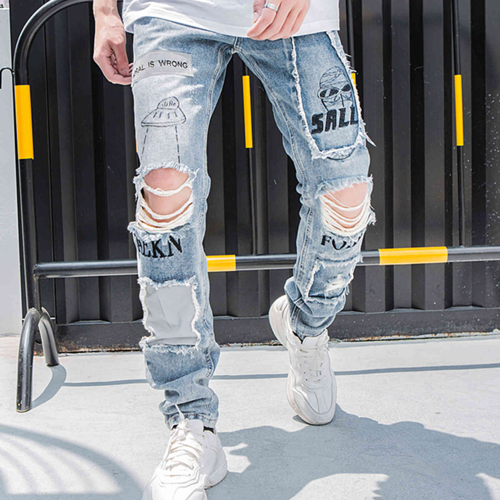 

men's jeans lacible reflective men hip hop skinny ripped vintage biker jogger distressed hole baggy denim slim fit casual pants au, Blue