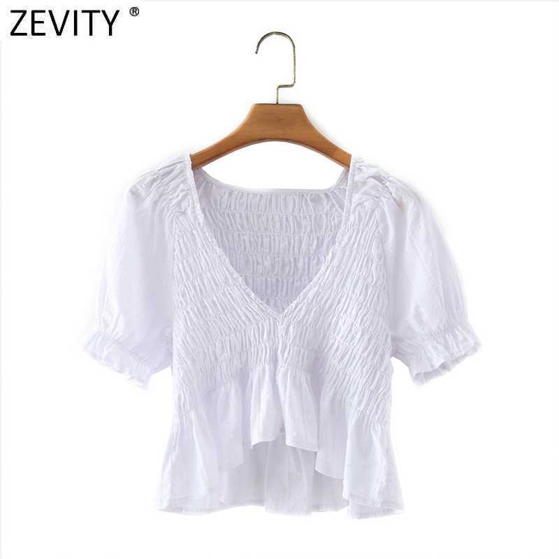 

Zevity French Style Women V Neck Elastic Hem Ruffles Short Smock Blouse Female Puff Sleeve White Shirt Chic Blusas Tops LS9156 210603, As pic ls9156xz