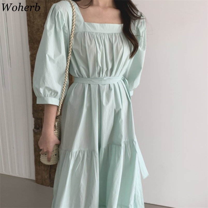 

Robe Femme Square Collar Puff Sleeve Dress Solid Casual Loose Dresses Summer Chic All Match Fashion Maxi Vestidos 210519, Light blue