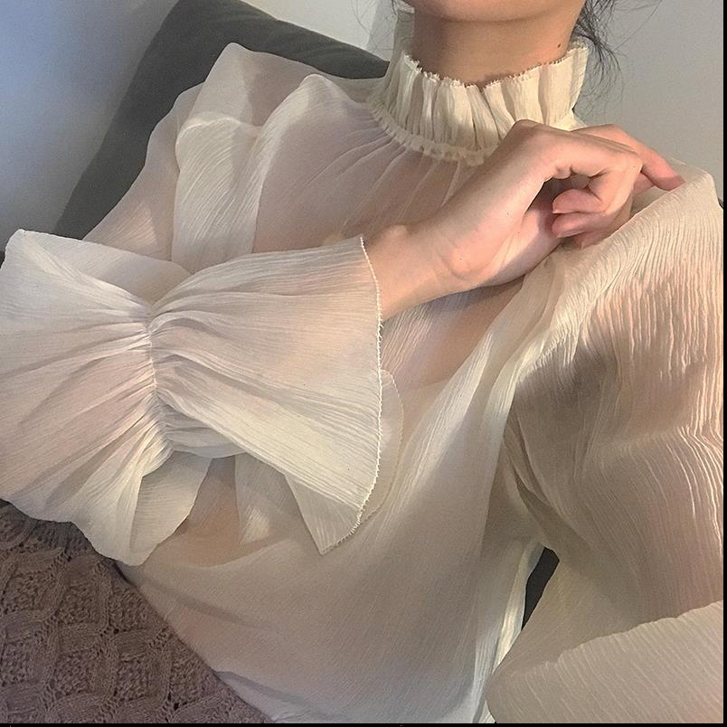 

women solid shirt vintage long sleeve chiffon and blouses korean ladies o neck button flare casual shirts blusas mujer, White