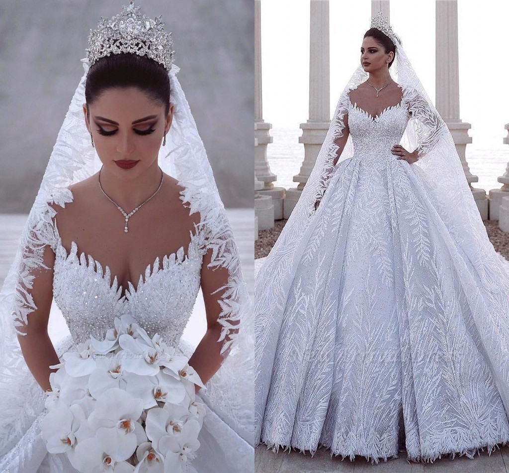 

Luxurious Beaded Arabic Ball Gown Long Sleeves Wedding Dresses Lace Tulle 3D Appliques Sequins Fitted Bridal Gowns Plus Size CPH085, White