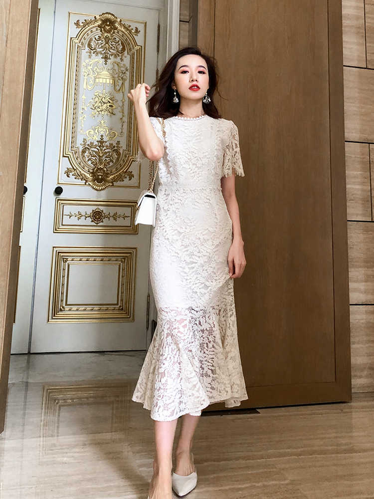 

French dress temperament waist is thinner knee-length fishtail lace Sleeveless Office Lady Solid Sheath 210603, White