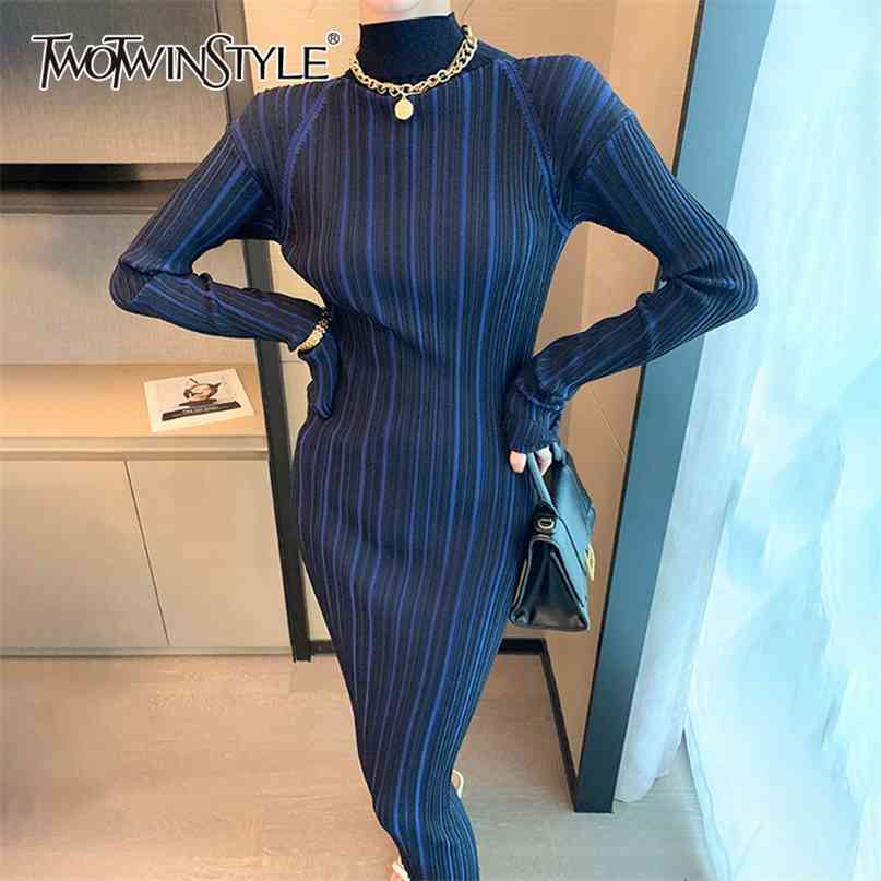

Patchwork Striped Knitting Dress For Women Stand Collar Long Sleeve Hit Color Straight Maxi Dresses Female Autumn 210520, Blue