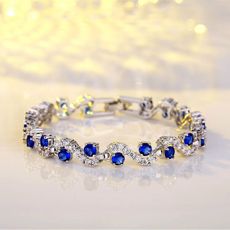 

Dark Blue Ladies Zircon Bracelet Silver Plated Couple Bracelet Beaded Blue Zircon Metal Jewelry Ladies Engagement Party Gift