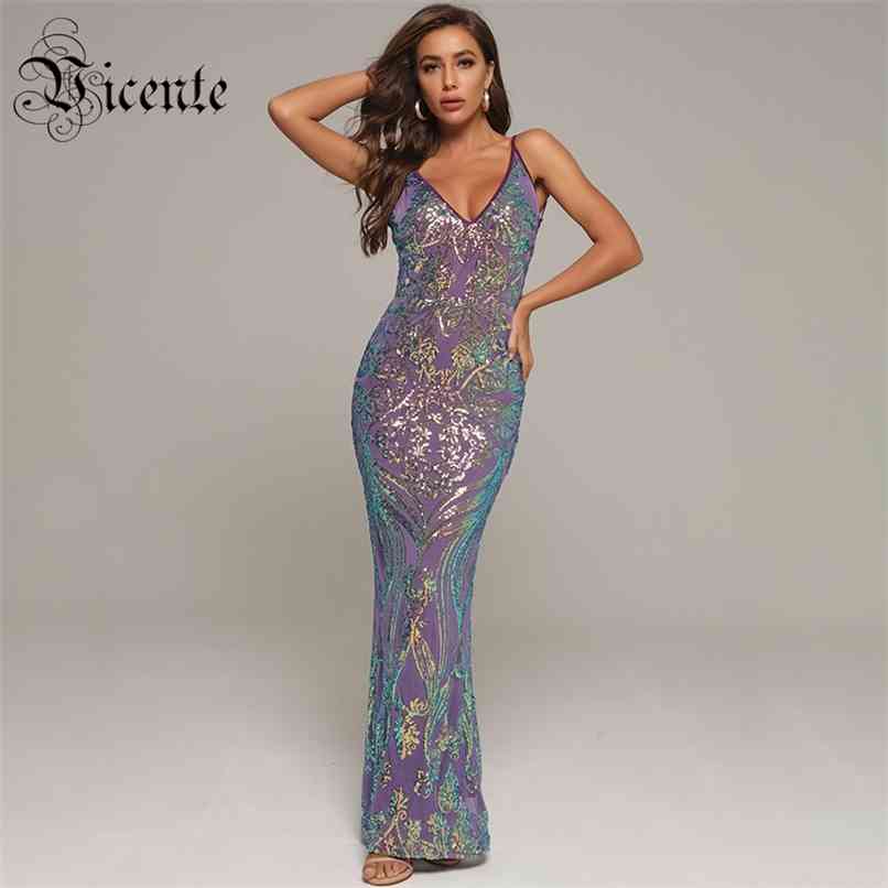 

Chic Sparkle Sequins Sexy V Neck Backless Design Sleeveless Celebrity Party Maxi Long Slip Dress 210520, Multi