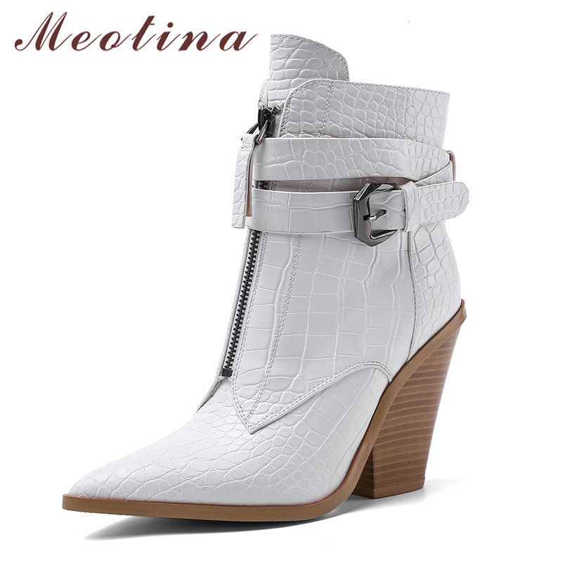

Ankle Boots Women Shoes Buckle Super High Heel Lady Pointed Toe Thick Heels Zip Short Winter White Size 210517, Black