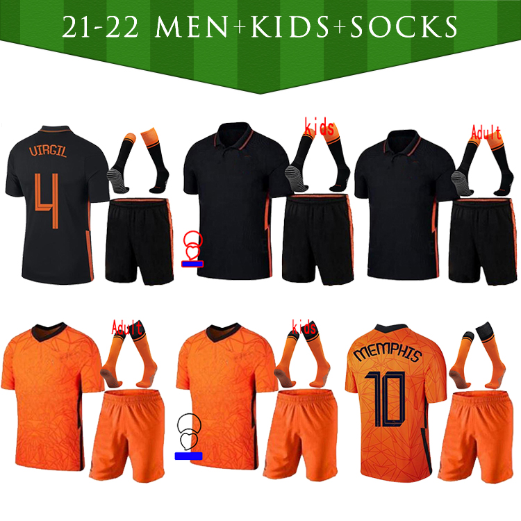 

MEMPHIS 2021 Netherlands soccer shirt JONG Holland DE LIGT STROOTMAN VAN DIJK VIRGIL 2022 football jersey Adult men + kids kit SOCKS, Black