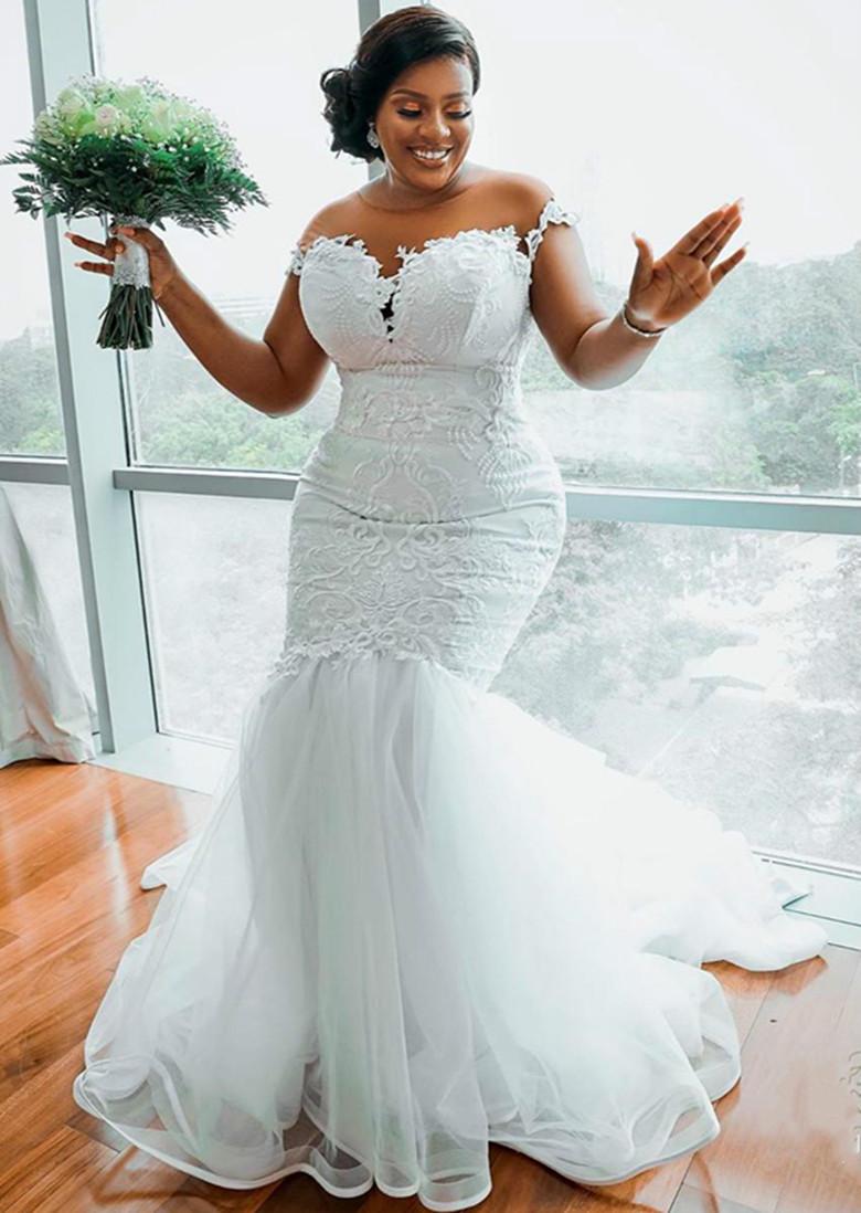

Plus Size Mermaid Wedding Dresses Bridal Gowns Sheer Jewel Neck Cap Sleeve Lace Appliqued Robe de mariée, Sage