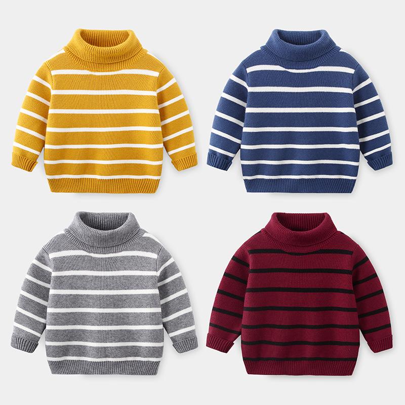

Cardigan 2021 Cold Winter Warm 2 3 4 6 8 10 Years 90-140cm Thickening High Neck Knitted Turtleneck Striped Sweater For Baby Kids Boys, Blue
