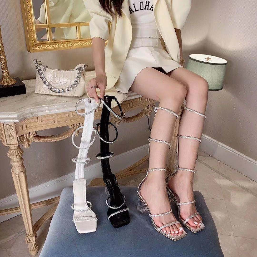 

Sandals women's simple summer Roman high tube strap middle heel peep toe celebrity thick long shoes HQLW, 1# shoe box