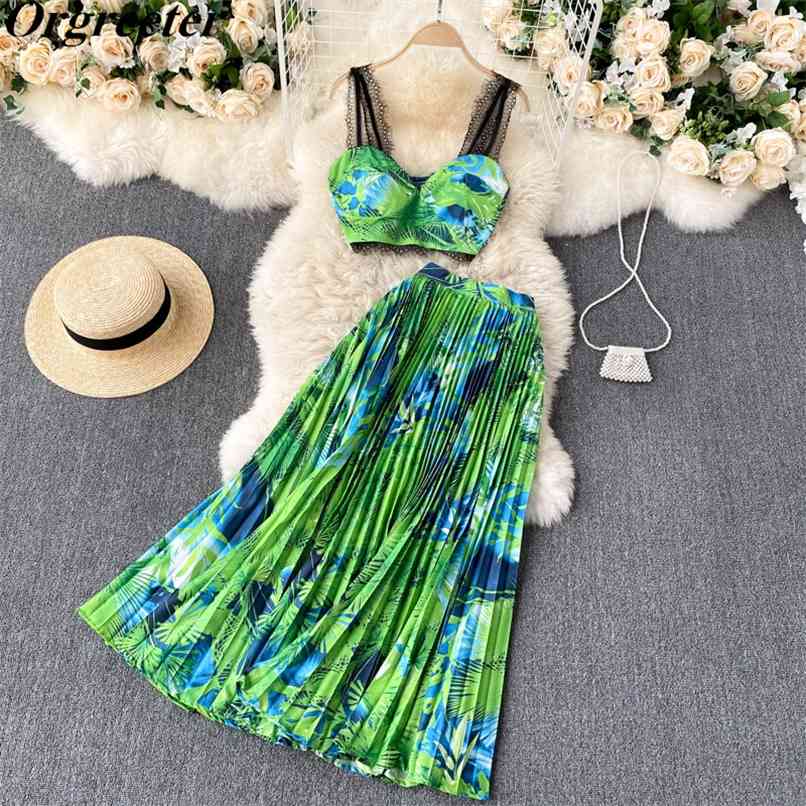

Floral Printed Bohemian Vacstion Beach 2pcs Set Women Sexy Lace Strapless Tops and High waist Pleated Long Skirt Suits Summer 210602, Green