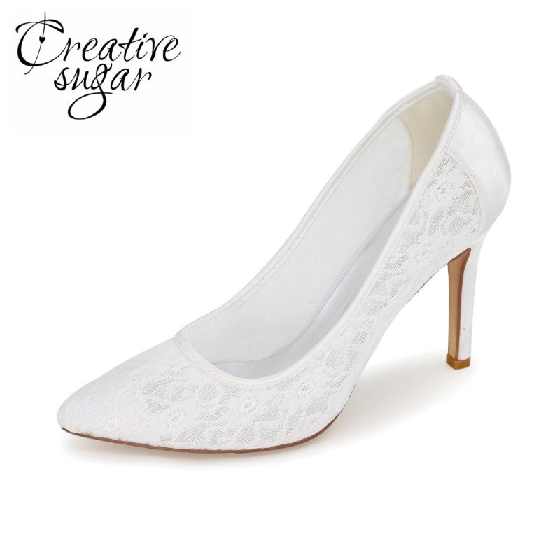

Creativesugar Soft Lace Pointed Toe High Heels Lady Pumps Wedding Party Bridal Evening Dress Shoes Pink White Ivory Blue Black