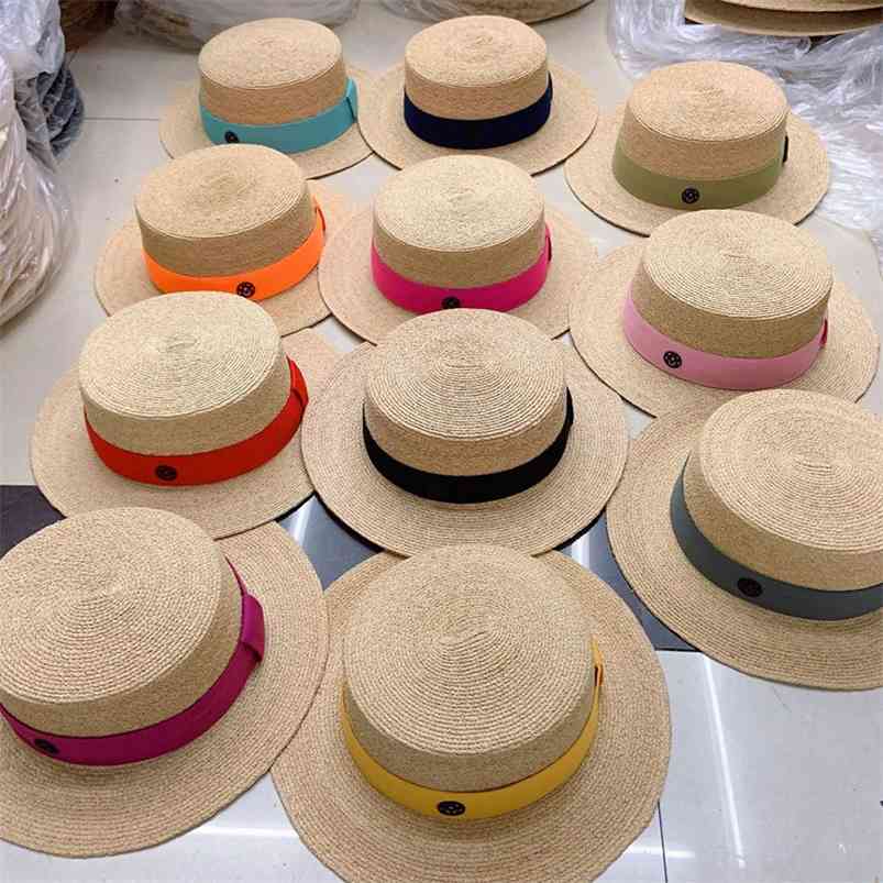 

Quality Wide Brim Sun Hat canotier women vintage boater straw hat Classic ribbon Band Summer Raffia Derby Beach 210608, Beige