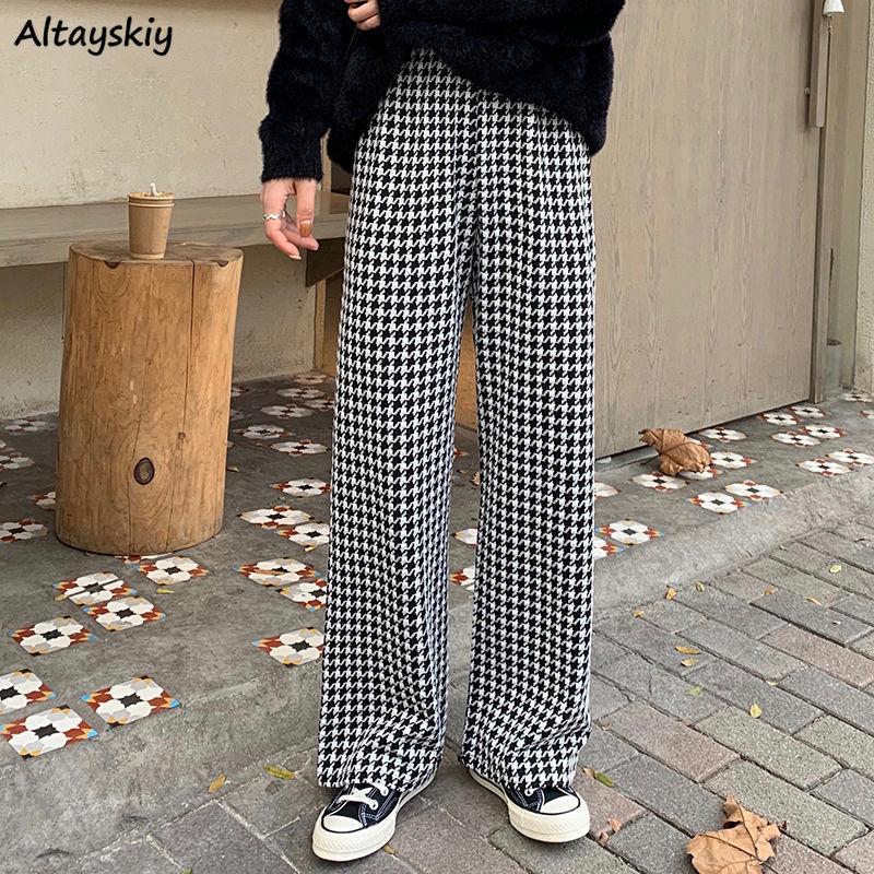 

Women's Pants & Capris Women Houndstooth Mopping Loose Chic High Waist Pant Casual Ins Korean Fashion College Students Stylish Feminine Trou, Black;white