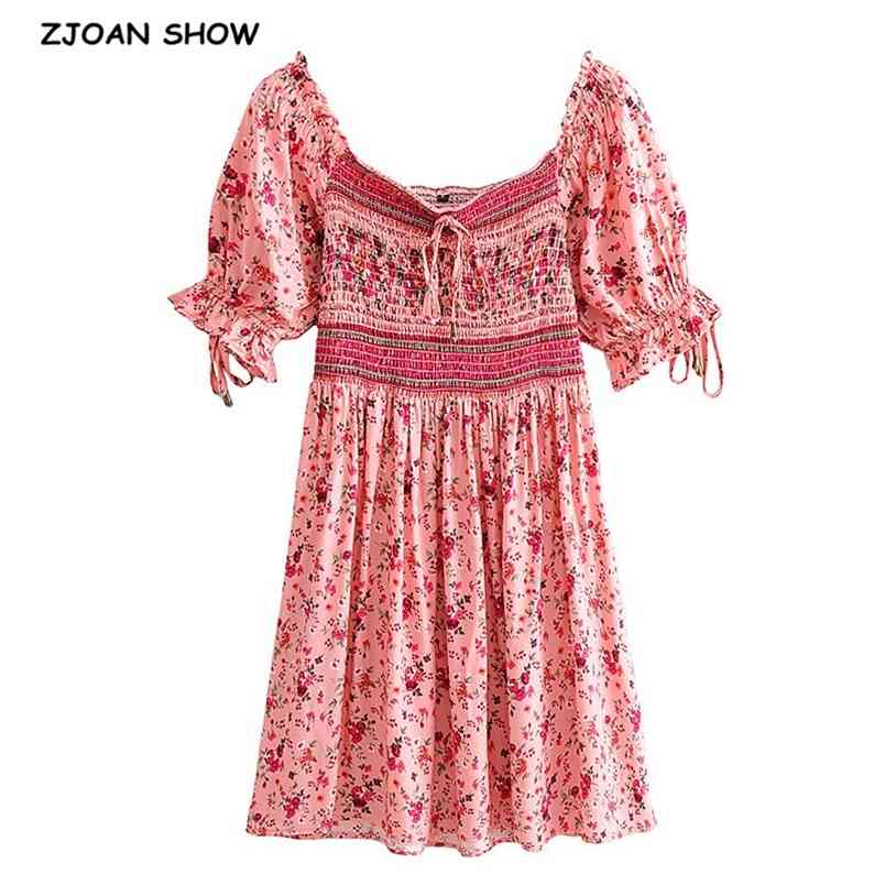 

Holiday Wood ears Ruffles Slash Collar Floral Print Pleated Elastic Ruched Women Dress BOHO Puff Sleeve Mini Short Dresses 210429, Pink