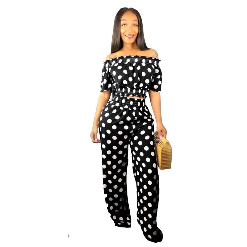 

Women' Two Piece Pants Women Summer Sexy Casual Short Top Outfits Polka Dot Off Shoulder Crop And High Waist Long Elegant Wide Leg Suit, Black