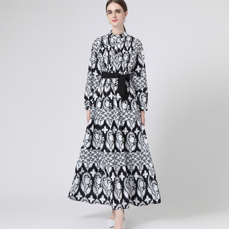 

Women's Runway Dress O Neck Long Sleeves Printed Pleated Bodice Elegant Fashion Maxi Dresses with Belt, Black