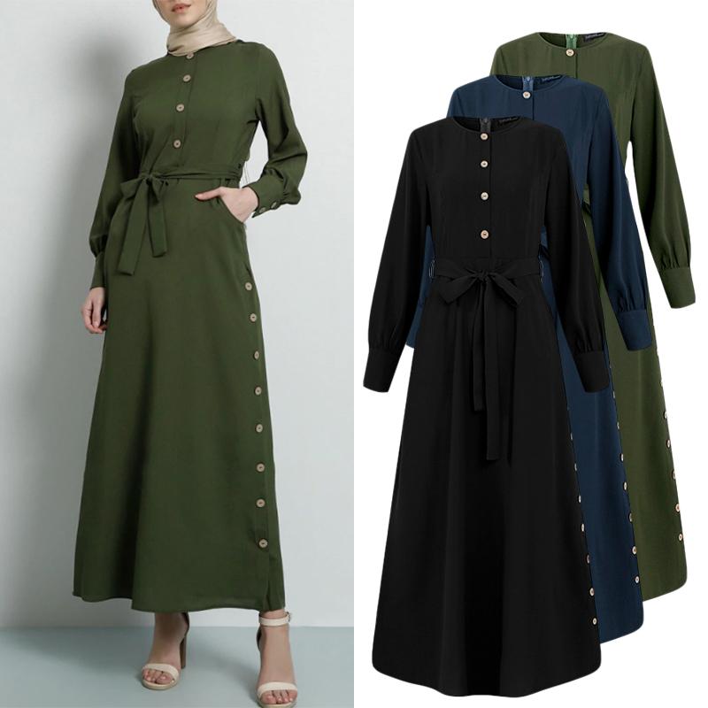 

Casual Dresses Islamic Clothing Dubai Abaya Turkey Hijab Dress ZANZEA Elegant Long Women Sleeve Solid Sundress Jilbab Caftan Robe, Black