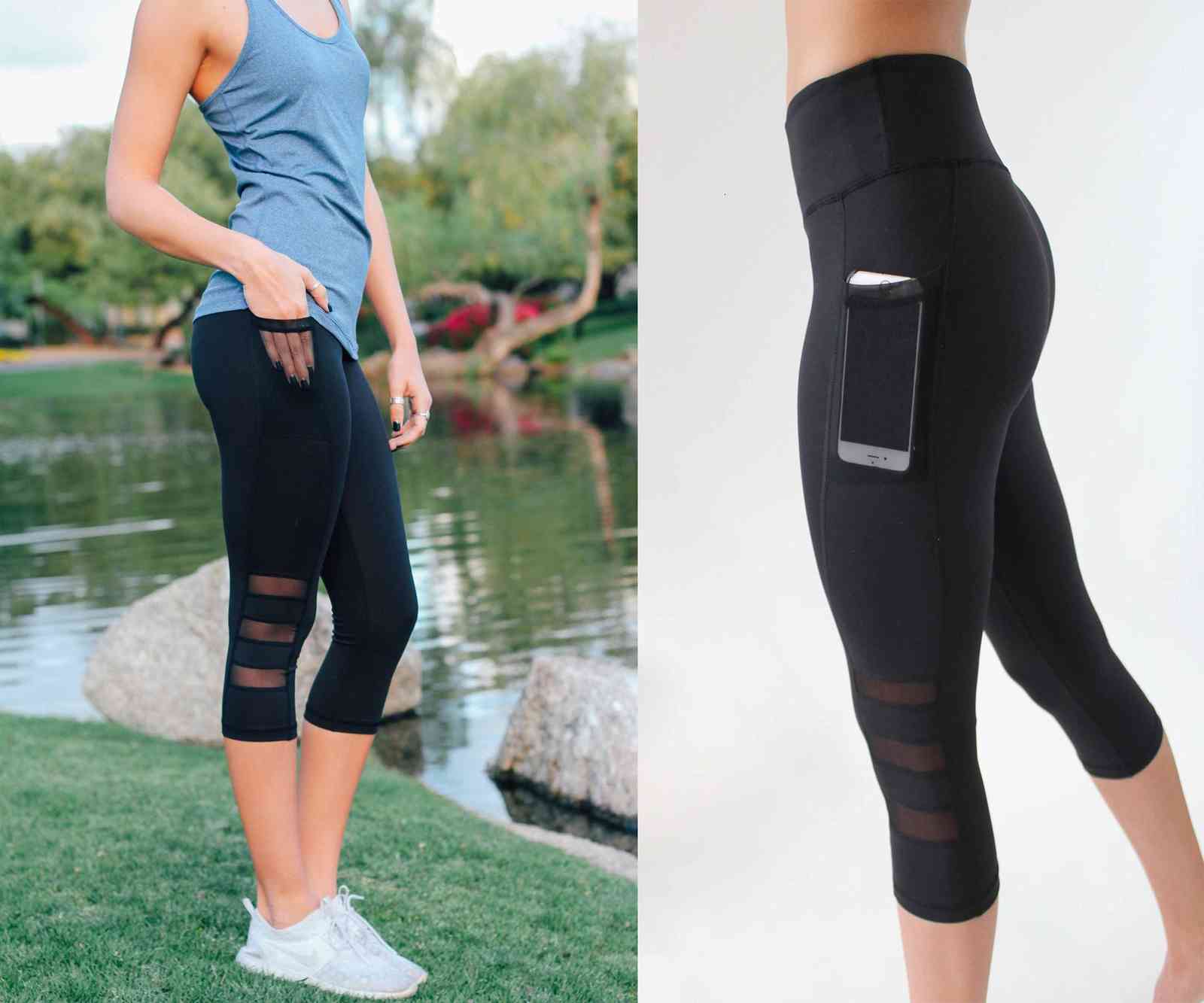 

Black sexy Fitness sporting Capri Pants Women's High waist Elastic Mesh Legging pants with pocket Cropped trousers leggings, Black;white