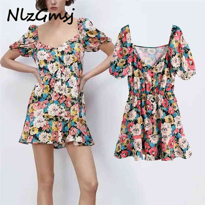 

Women Dress Vintage Print Mini Short Woman Elegant Ruffles V neck Sleeve Party es 03 210628, As picture