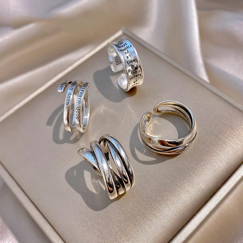 

Cluster Rings Retro Silvery Simple Letter For Woman 2021 Korean Fashion Jewelry Party Girl's Unusual Set Neo Gothic Accessories