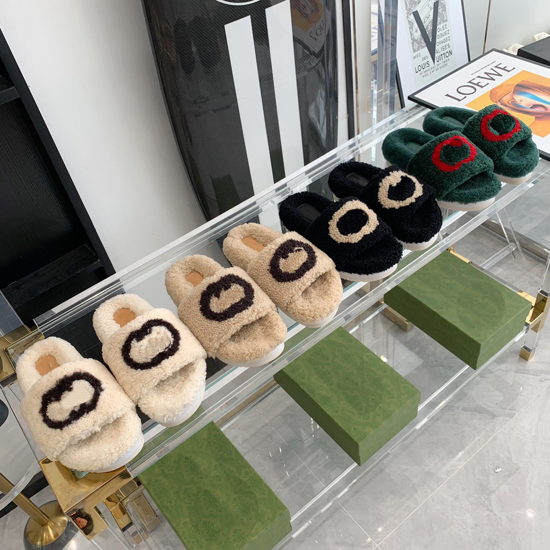 

2021 Designer Double G Slippers Female French Fashion Winter Versatile Flat Bottom Non-slip Casual Net Drag Letter Thick-soled Lambs Wool Shoes, Color 1