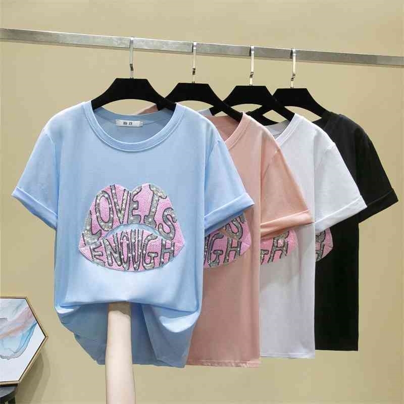 

Oversized T shirt Women Tops Harajuku Summer Loose Casual Plus Size Tshirt Women Clothes Short Sleeve Beading Tee shirt femme 210604, White