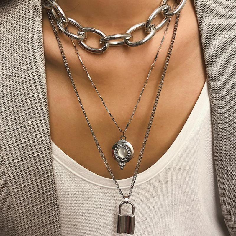 

Punk Metal Big Thick Chain Necklace Lock Pendant Multi Layer Long Necklaces Jewelry Chains