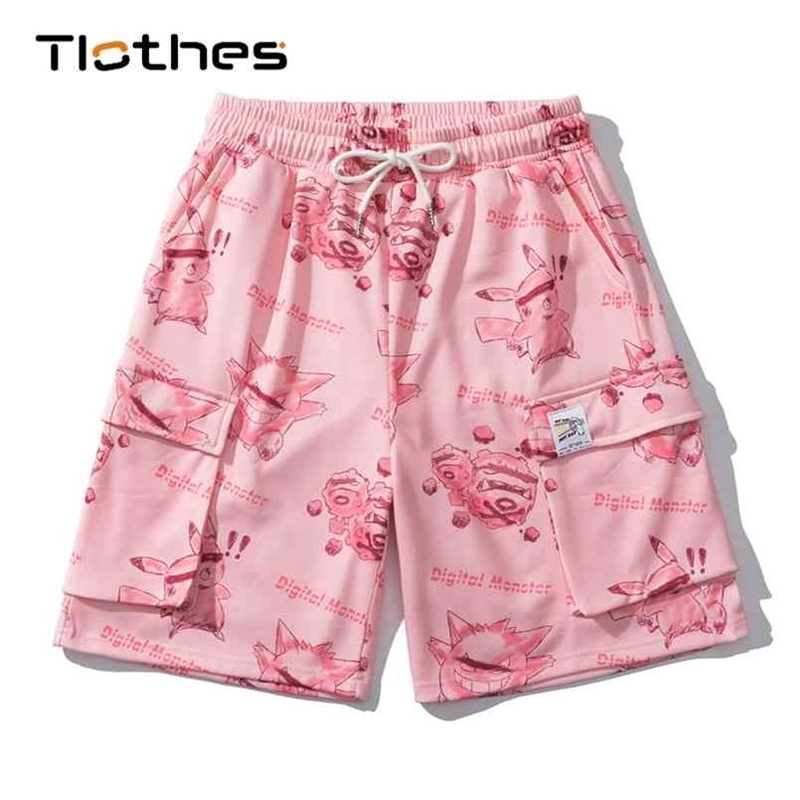 

Streetwear Summer Cartoons Print Running Shorts Men Drawstring Cotton Sweat Pants Sports Loose Skateboard Harajuku 210716, 07 green