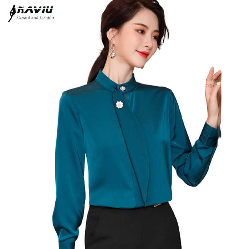 

Professional Chiffon Shirt Women Autumn Fashion Temperament Stand Collar Streamer Blouses Office Ladies Casual Tops 210604, Blue