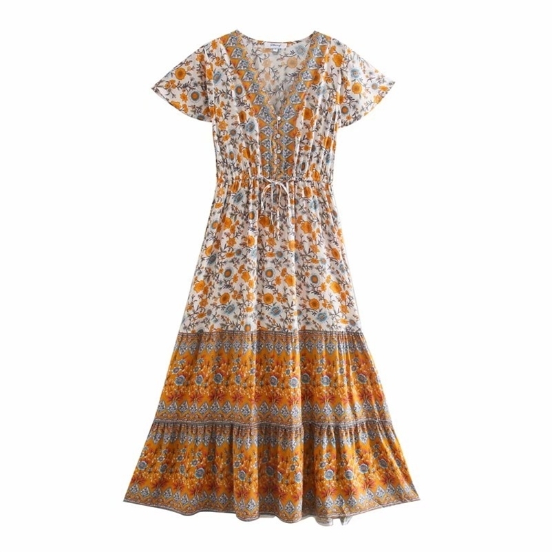 

Women Printed long dress Cross V Neck sleeve Slim Long Vestido Summer Elegant Chiffon Short Sleeve Dresses Femme 210524, Pink