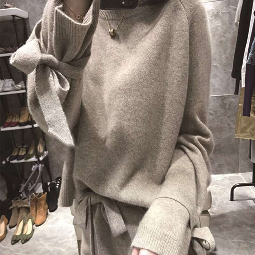 

New winter High Quality Cashmere knitted Two piece set Bow Long sleeve pullover Sweater + Elastic wiast Tracksuits pants suit T200916, Photo color