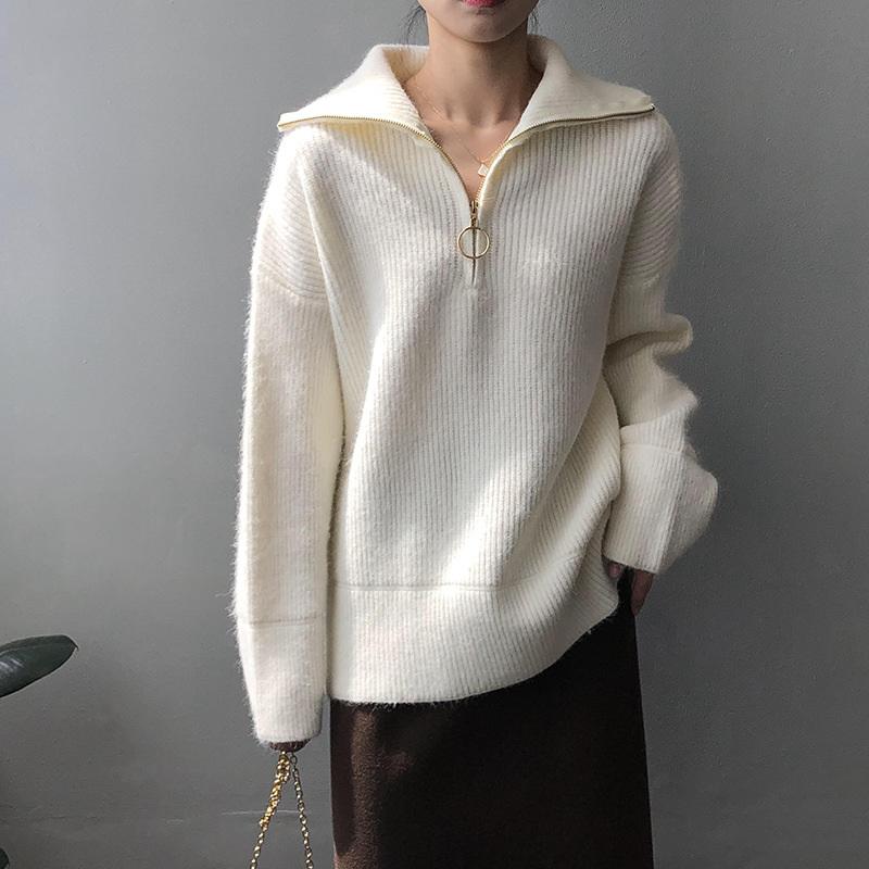 

Women's Sweaters Fall Fashion Solid Color Zipper Drop-shoulder Long Sleeve Women Sweater Knitted Top Office Lady Pullovers, White;black