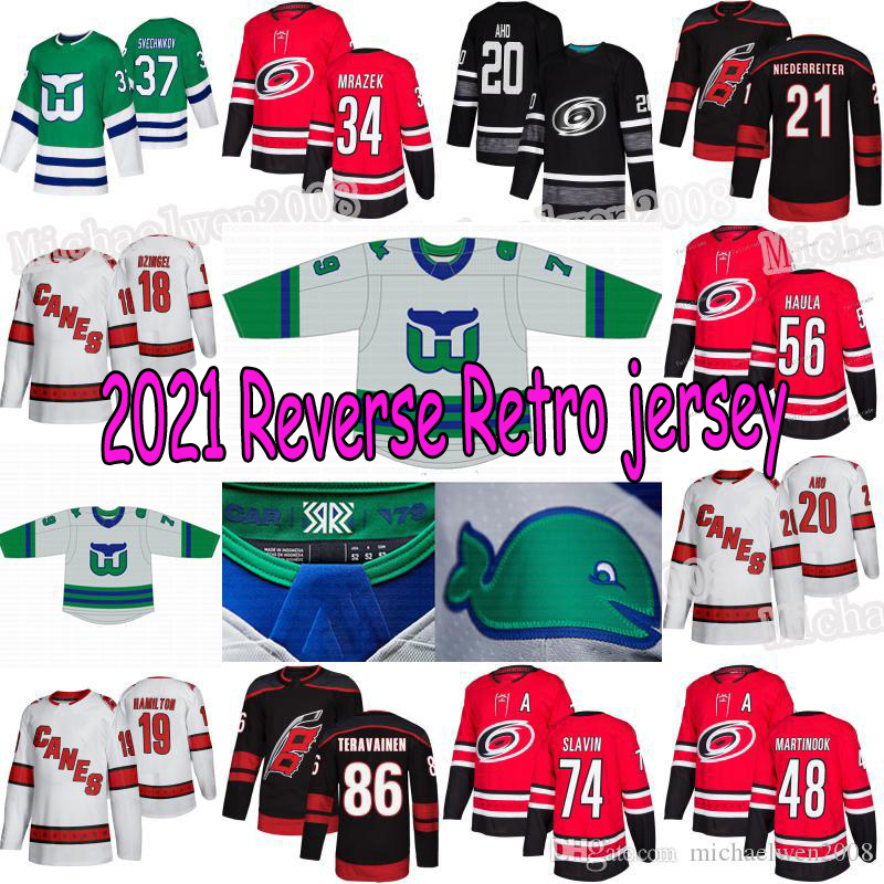 

Carolina Hurricanes 2021 Reverse Retro jersey Staal Dougie Hamilton Svechnikov Sebastian Aho Haula Teravainen Petr Mrazek Jani Hakanpaa Egor Korshkov, Black;red