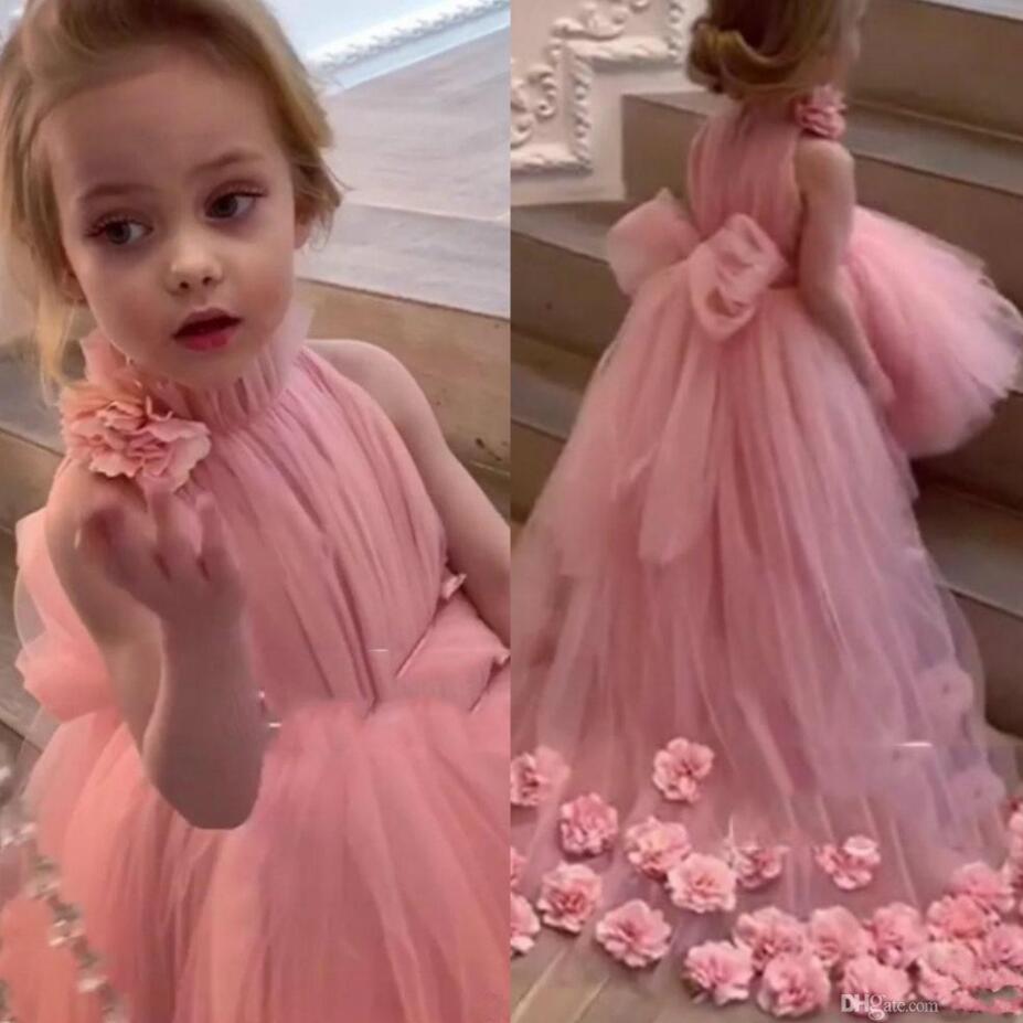 

Lovely Tulle Pink Flower Girl Dresses for Wedding High Neck Sleeves Sweep Train 3D Floral Applique Communion Dress Girls Pageant Gowns CG001, White;blue