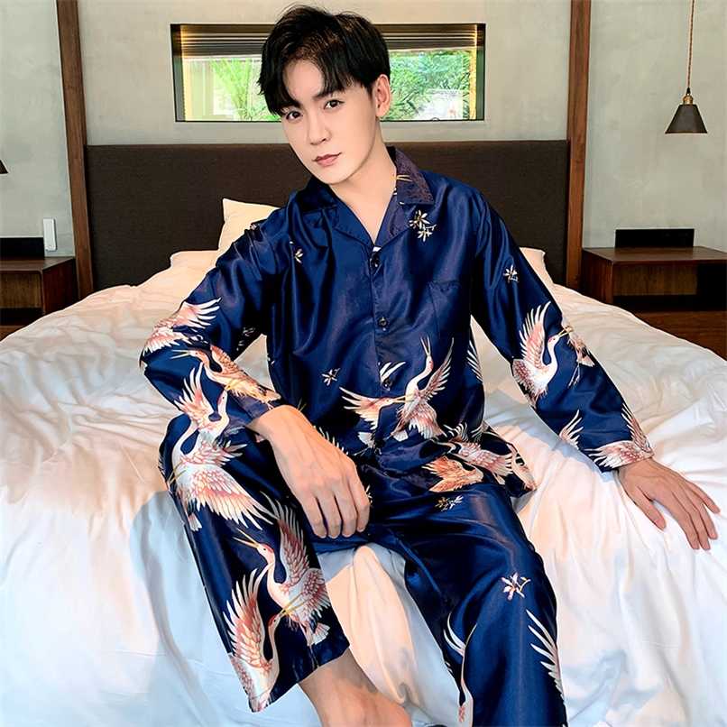 

Autumn Elastic Waist Men Sleepwear print Men's pyjamas Silk Men's Pajamas Set Long Sleeve Nightwear Print Long Pant Homewear Set 211110, Yex-2409