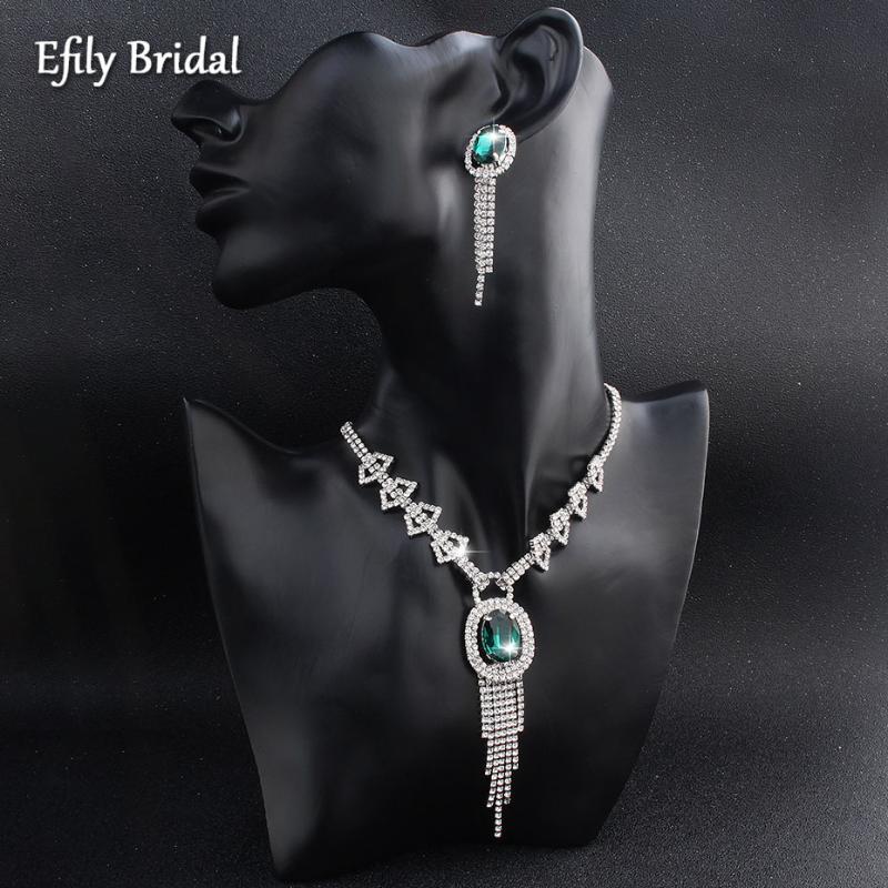 

Earrings & Necklace Efily Vintage Green Crystal Jewelry Sets For Women Rhinestone And Bride Accessories Wedding Bridesmaid Gift, Silver