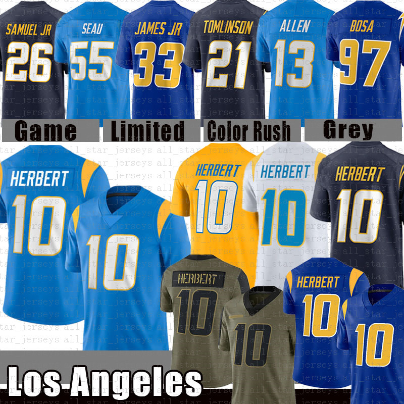 

10 Justin Herbert Football Jersey Derwin James 97 Los Joey Bosa Keenan Allen Austin Ekeler Junior Seau cHaRgErEs LaDainian Tomlinson Angeles, Black;red