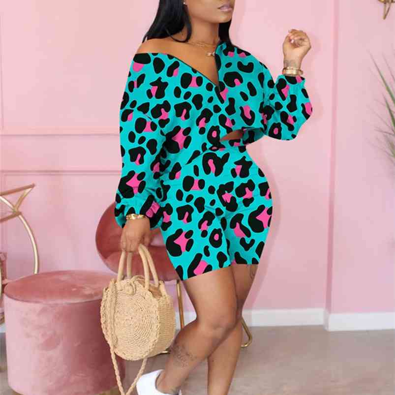 

Crop Top Biker Shorts Two Piece Set Women Tracksuit Long Sleeve SweatSuits Print Festival Sets Outfits jogging Femme 210721, White shorts sets