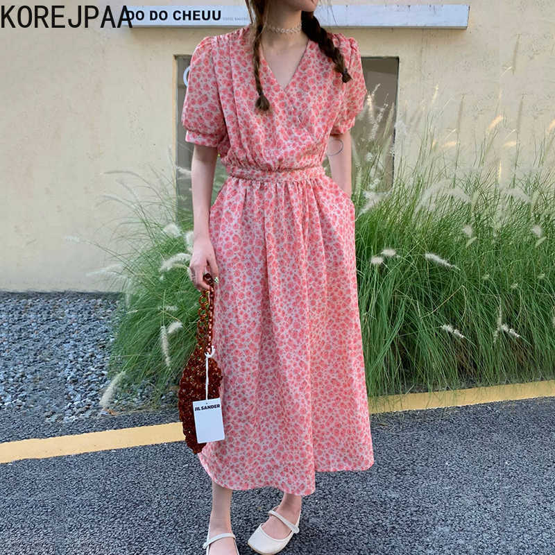 

Korejpaa Women Dress Summer Korean Chic Ladies Sweet Age-reducing Rose Floral V-neck Cross-Tie Waist Puff Sleeve Vestidos 210526, Orange pink