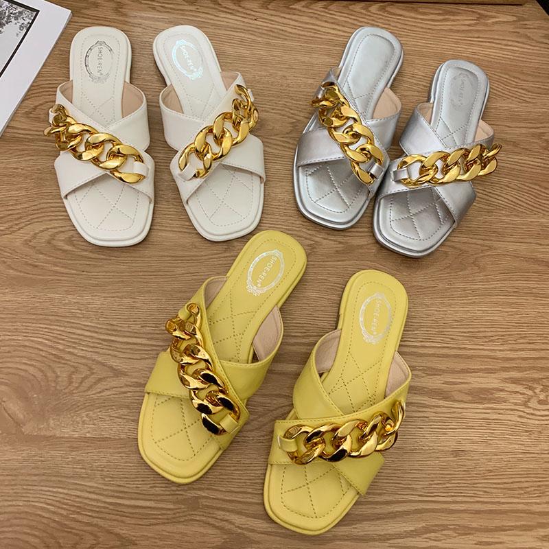 

Slippers Outdoor Beach Sandal Open Toe Flip Flop 2021 Summer Women Slipper Brand Gold Chain Decorated Flat Heel Slides Ladies Causal, White