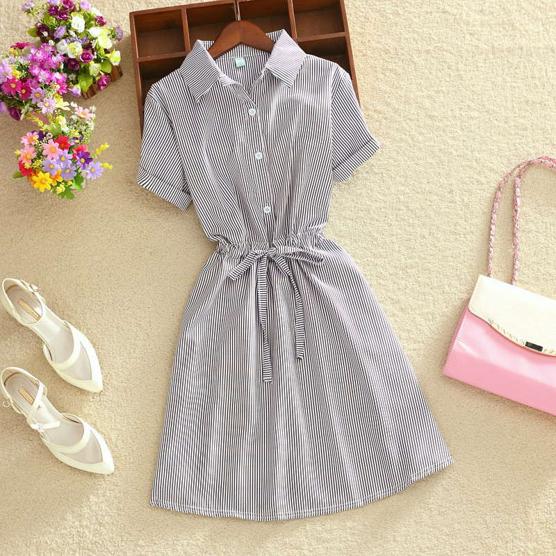 

Elegant Office Summer Dress Shirt Elegant Blue Stripped Cotton Turn Down Collar Wear to Work Shirts Women Dresses 210518